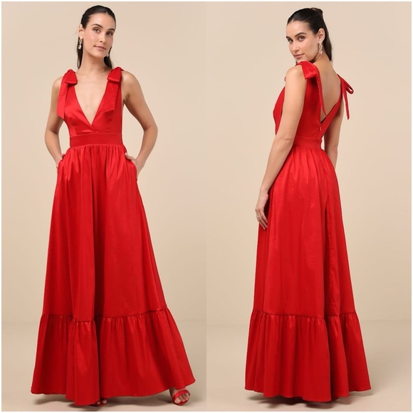 LULU’S Rare Charm Red Taffeta Tie-Strap Maxi Dress With Pockets - Picture 1 of 6